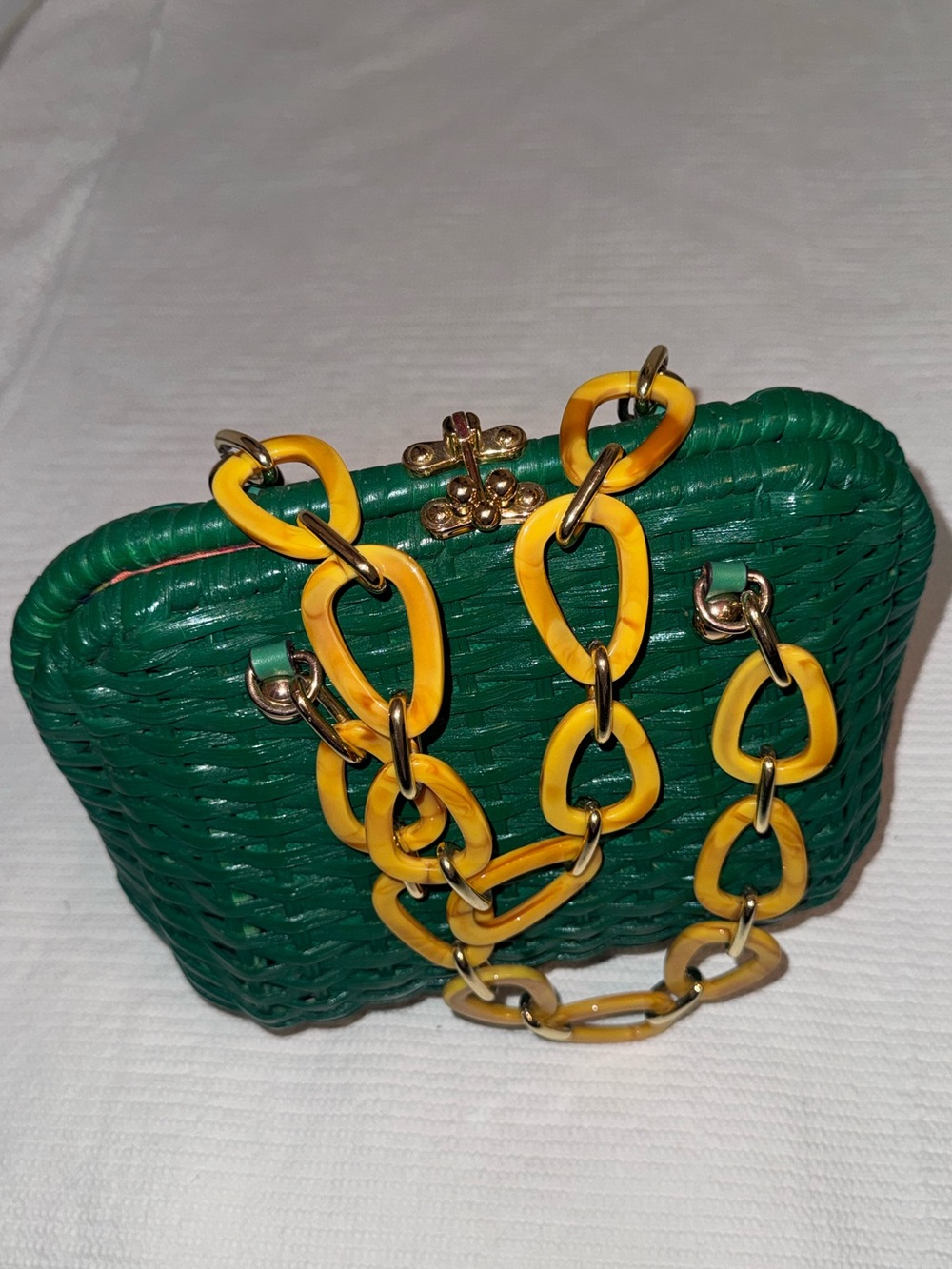 Hen Wicker Basket Green Woven Clutch with Yellow Resin Chain